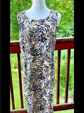 Vintage Sag Harbor White, Black & Tan Animal Print Sleeveless Dress size 10